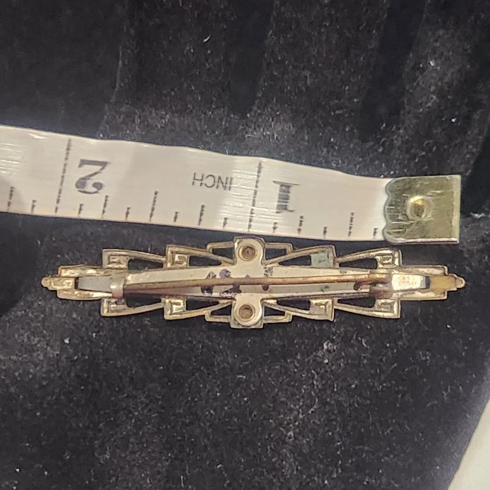 Art Deco Bar Brooch Mother‎ of Pearl Rhinestone Gold Bronze Tone Geometric VTG